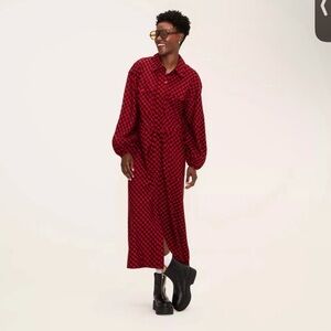 Woolrich Red Check Maxi Shirt Dress with Balloon Sleeves